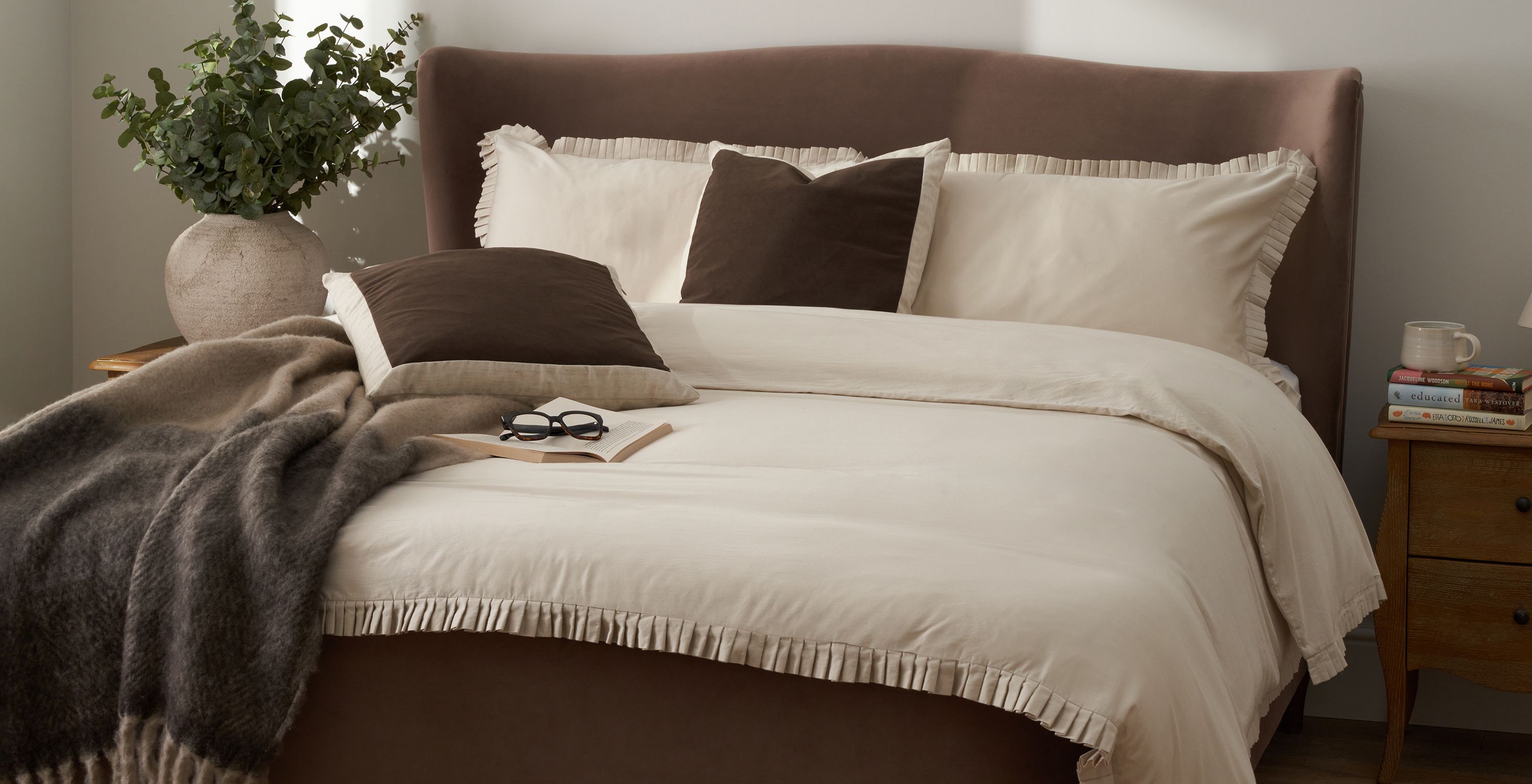 Cotton Collection Frill Bed Linen Set - Natural, Double