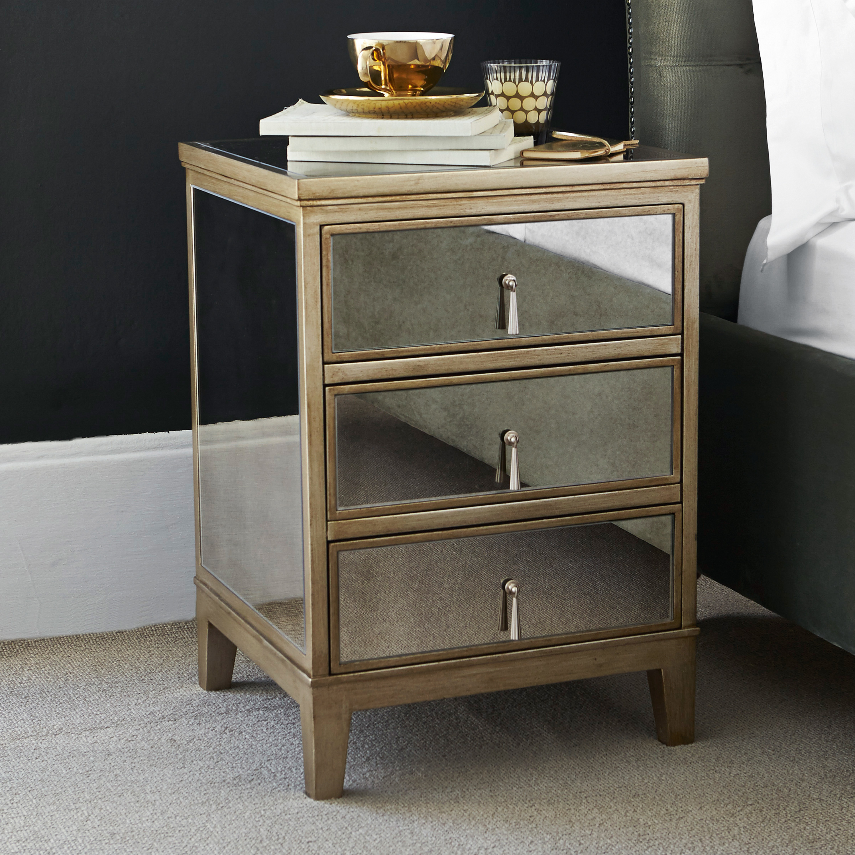 Gatsby Mirrored 3 Drawer Bedside Feather Black Gatsby Mirrored 3 Drawer Bedside, Mirror And Wood Bedside Tables